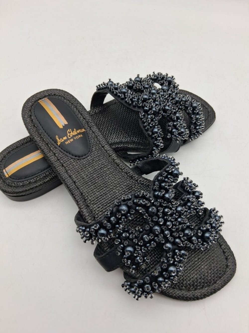 Sam Edelman 7M Black Bay Pearl Beaded Slide Sandal Flats Summer Classy Chic